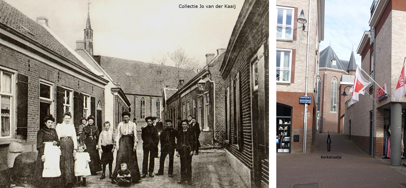 Kerkstraatje rond 1900 en (rechts) 2022 (bron: collectie Jo van der Kaaij. Foto rechts: H. van Kuijk)
