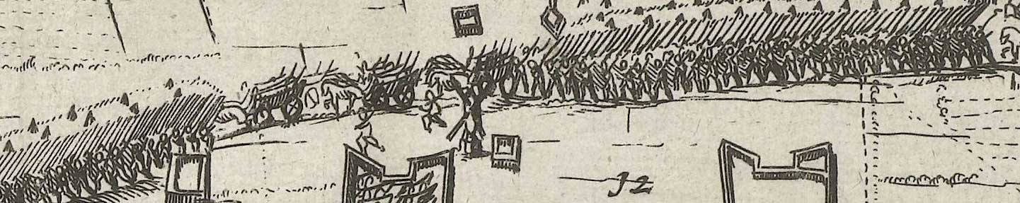 Piekeniers en voorraadkarren trekken rond Waalwijk (bron: Het leger inde Lange-straet, 1625. Rijksmuseum RP-P-OB-81.105, detail. Publiek domein)