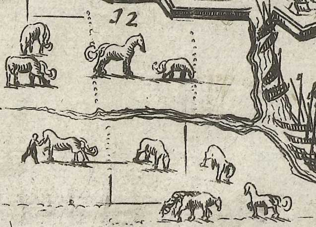 Grazende paarden op de kaart van 1625 (bron: Het leger inde Lange-straet, 1625, detail. Rijksmuseum RP-P-OB-81.105. Publiek domein)
