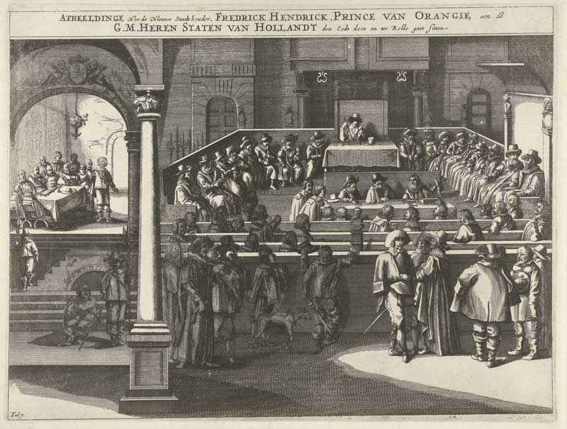 De eedsaflegging van Frederik Hendrik als stadhouder van Holland en Zeeland; te Waalwijk, 2 juni 1625 (bron: Rijksmuseum, RP-P-OB-81.122. Publiek domein)