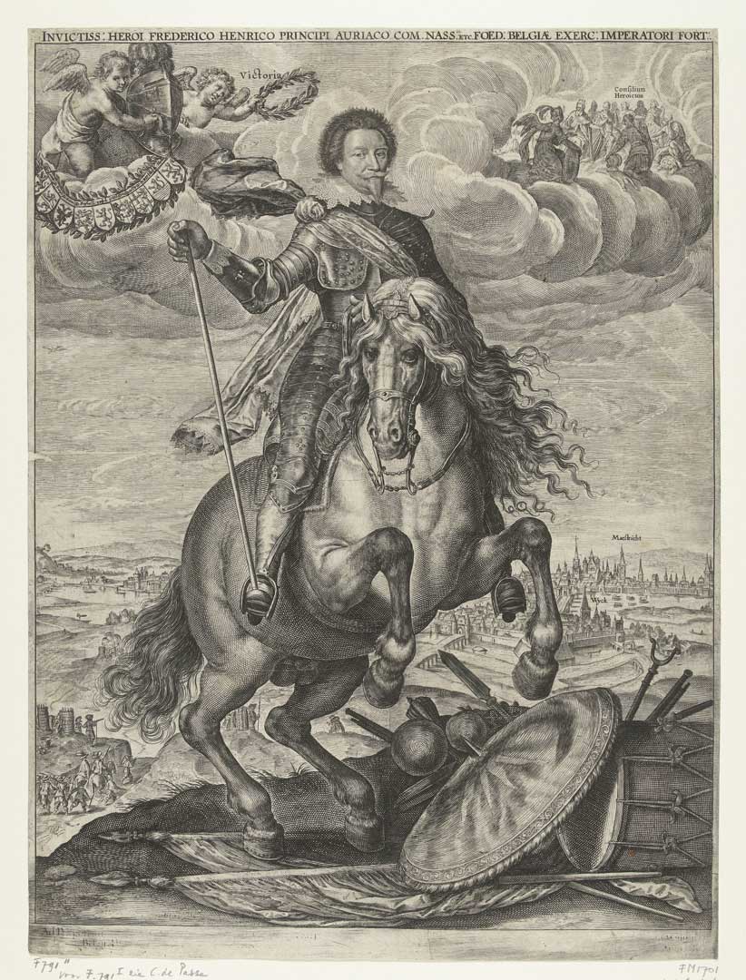 Crispijn van de Passe, Allegorisch ruiterportret van Frederik Hendrik na de verovering van Maastricht, 1632 (bron: Rijksmuseum, RP-P-OB-81.344. Publiek domein)