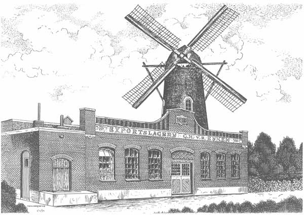 12. Cuijk, Exportslagerij G.H. v.d. Eijken en molen (pentekening Hermens)