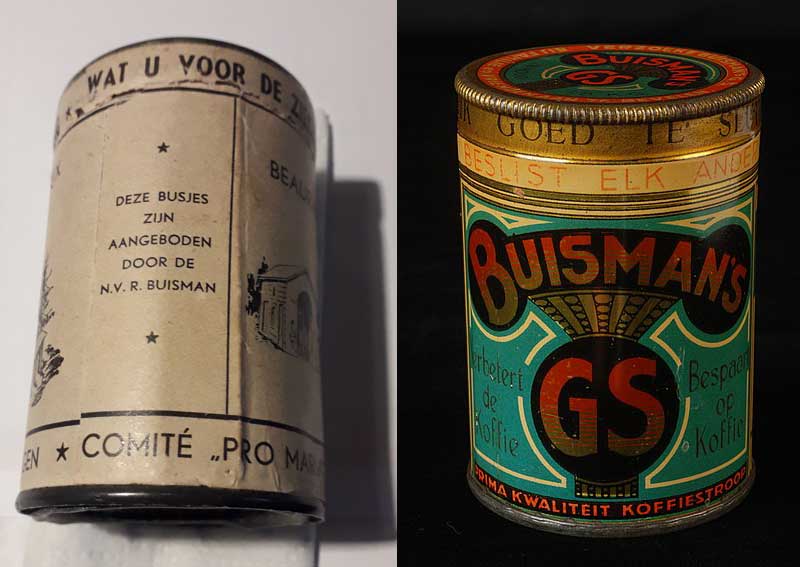 Links: het blikje van de Paters Assumptionisten (foto: Buisman's GS Museum). Rechts een gewoon blik Buisman's koffiestroop (foto: Mr. Nostalgic, 2020. Bron: Wikimedia Commons; CC BY-SA 3.0)