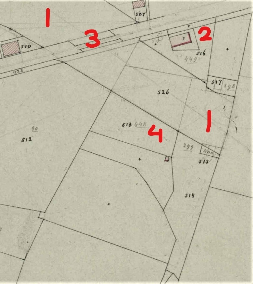 Na de aanleg van de spoorlijn ziet de kadastrale hulpkaart van 9 augustus 1864 er als volgt uit: 1. spoorlijn; 2. Eigendom van Henricus Moerbeek; 3. De Stalenbrug; 4 terrein Gilde van Sint Sebastiaan