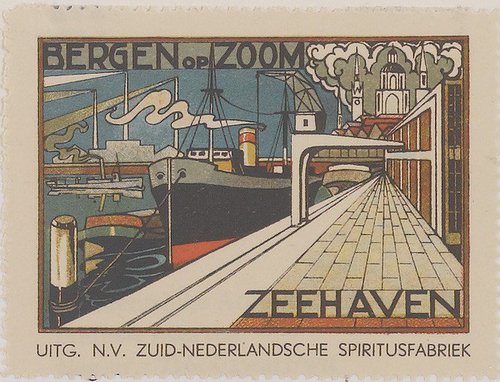 Bergen op Zoom, Gedenkzegel uit Bergen op Zoom met zeehaven en stadsgezicht (WBA,  Zuid-Nederlandsche Spiritusfabriek, BOZ001013843)