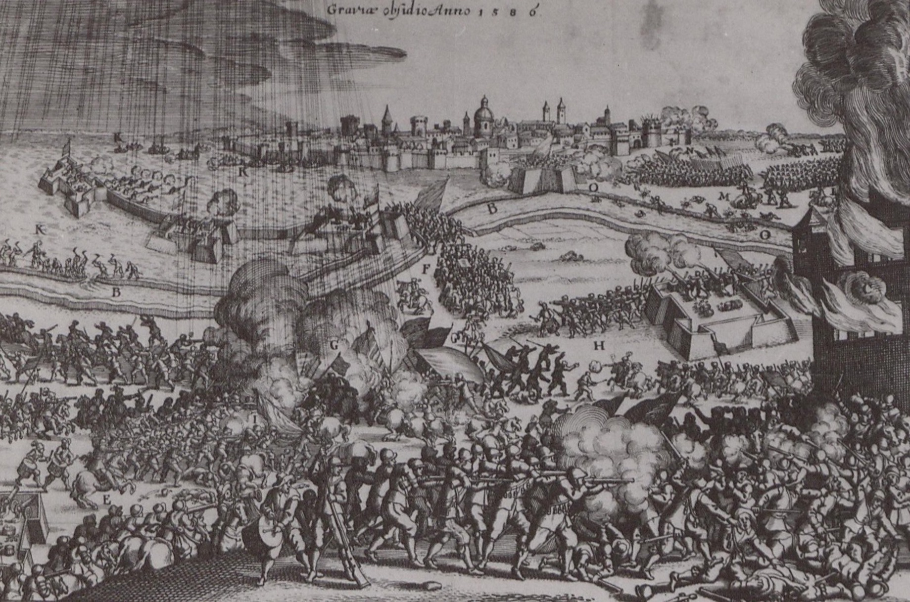 Belegering 1586 van de stad Grave door de hertog van Parma op de Gelderse oever slag tussen Schenck en Spanjaarden.