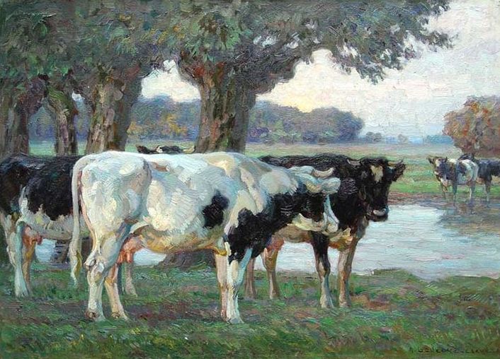 Koeien en schapen in een weide, schilderij van Anton Braith 