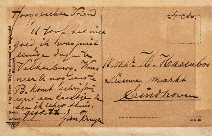 Handschrift van Jan Kruijsen op de prentbriefkaart (foto: Nel van Doorn)