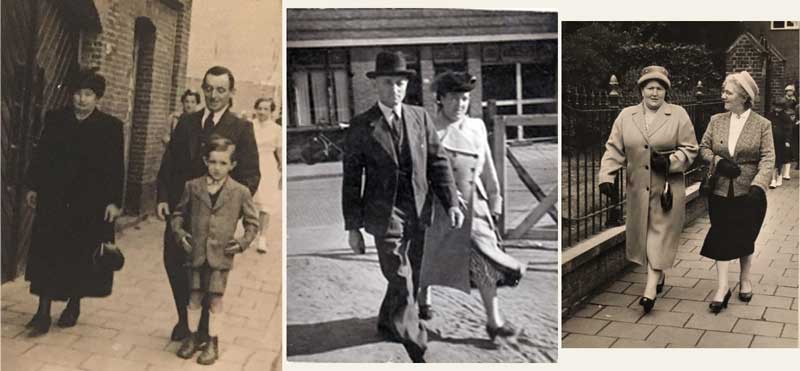 Links: begin jaren 50 Vader en zoon Kruf en schoonmoeder van Bruggen. Midden: Vader en moeder de Crom. Rechts: tegen  1960 : de dames Kruf-van Bruggen en slagersvrouw Dingemans-Verrest