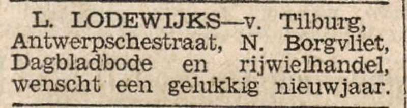 Zijn nieuwjaarswensen brengt Piet ook aan de krantenlezers over in de zelfde krant op woensdag     31 december 1930. Van Tilburg is de echtgenote van Piet.