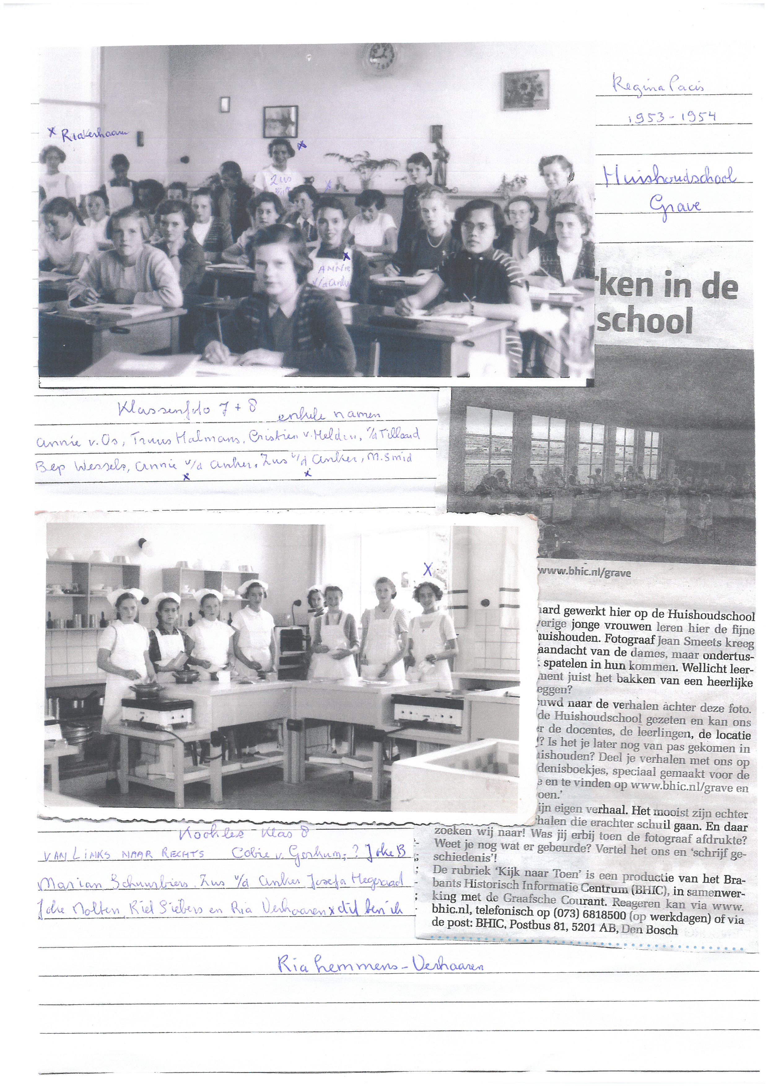 Brief van Ria Lemmens-Verhaaren over haar tijd op de huishoudschool in Grave (1953-1954)