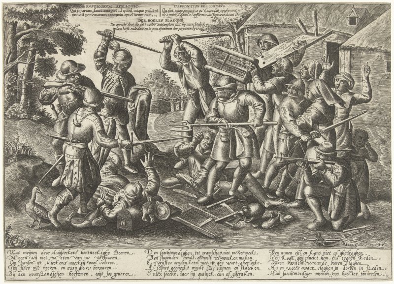 Strijd tussen boeren en soldaten (die mogelijk op zoek waren naar voedsel). Gravure, ‘Strijd tussen boeren en soldaten’, door Peeter Baltens, naar Pieter Bruegel (I), 1540 – 1584. Bron: Rijksmuseum. Objectnummer: RP-P-1979-125