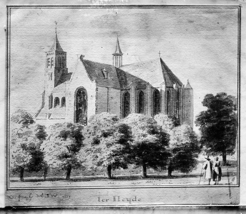 Gravure kerkgebouw Terheijden, vermoedelijk uit 1729 door C. Pronk. Rijksdienst voor het Cultureel Erfgoed, Amersfoort / Documentnummer 34990
