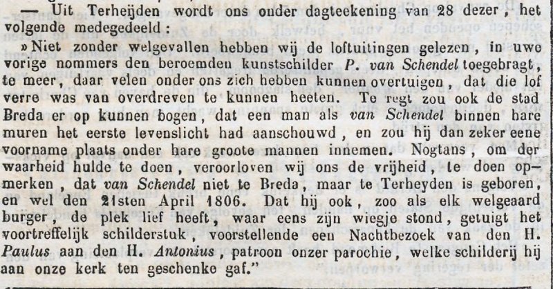 De Bredasche Courant plaatste in april 1863 een correctie over de geboorteplaats van Van Schendel: de kunstschilder was niet te Breda geboren maar in Terheijden (krantenknipsel uit archief parochie H. Antonius Abt)