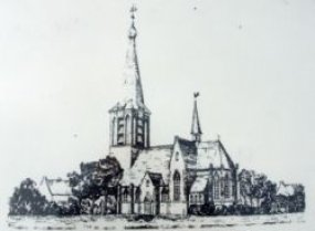 Tekening van de vroegere Polderkerk in Nuland