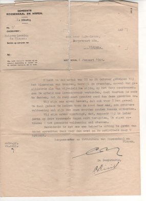 Mijn vader A.J. Deelstra ontving een tevredenheidsbetuiging van de gemeente Roosendaal naar aanleiding van door hem getoonde moed en activiteit tijdens het bombardement van Nispen op 25 october 1944.