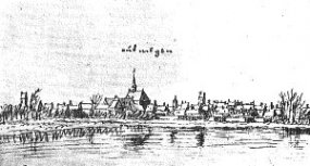 Gezicht op Megen vanaf de Maas in 1674