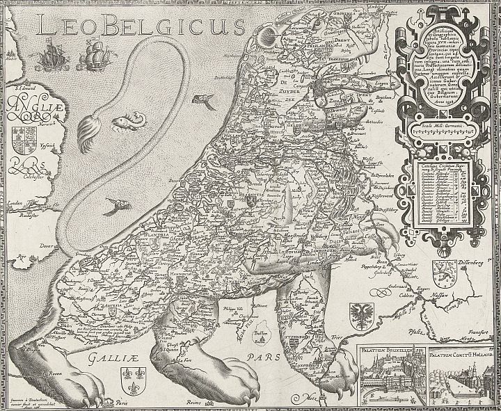 Joannes van Doetechum (II), Kaart van de Nederlanden in de vorm van de Hollandse Leeuw. (Rotterdam,1598). Bron: Collectie Rijksmuseum Amsterdam, coll.nr. RP-P-OB-80.502