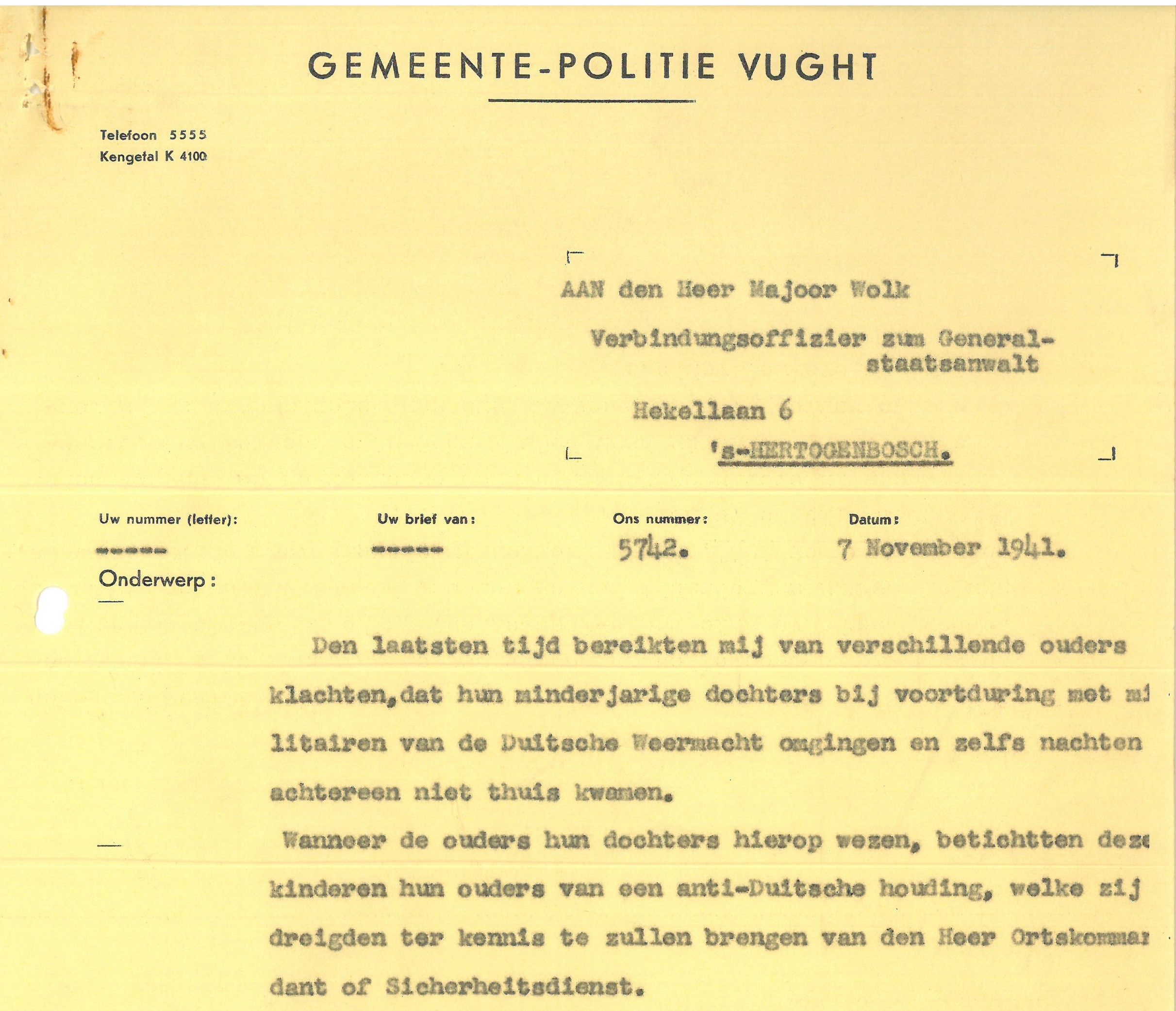 Brief van de gemeentepolitie Vught, 7 november 1941