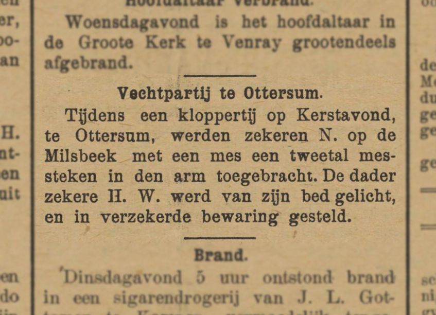 Artikel uit de Provinciale Geldersche en Nijmeegsche Courant van 30 december 1910 over de steekpartij.     