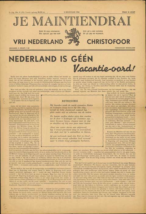 Voorpagina van Je Maintiendrai van 2 december 1944 (bron: Delpher)