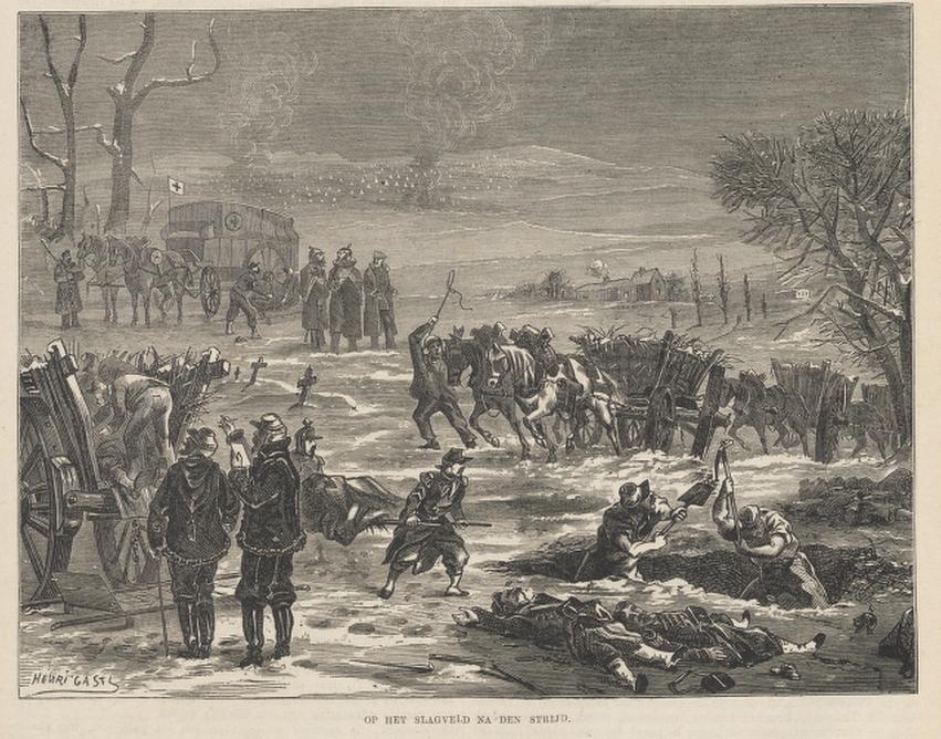 "Op het slagveld na den strijd" (houtgravure Henri Gast. Bron: Katholieke Illustratie 1870-1871 nr. 36)