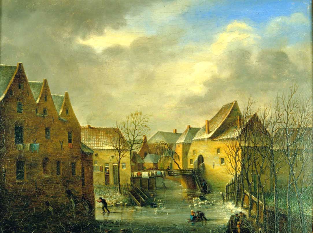 Sleeën en schaatsen op de Binnendieze, bij de Zusters van Orthenpoort (A.J. van Opstal, olieverf, c. 1825-1875. Erfgoed 's-Hertogenbosch, fotonr. 0002270)