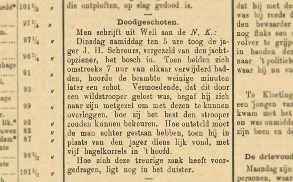  Bericht uit de Provinciale Noord-Brabantse Courant over de dood van de jachtopziener.  