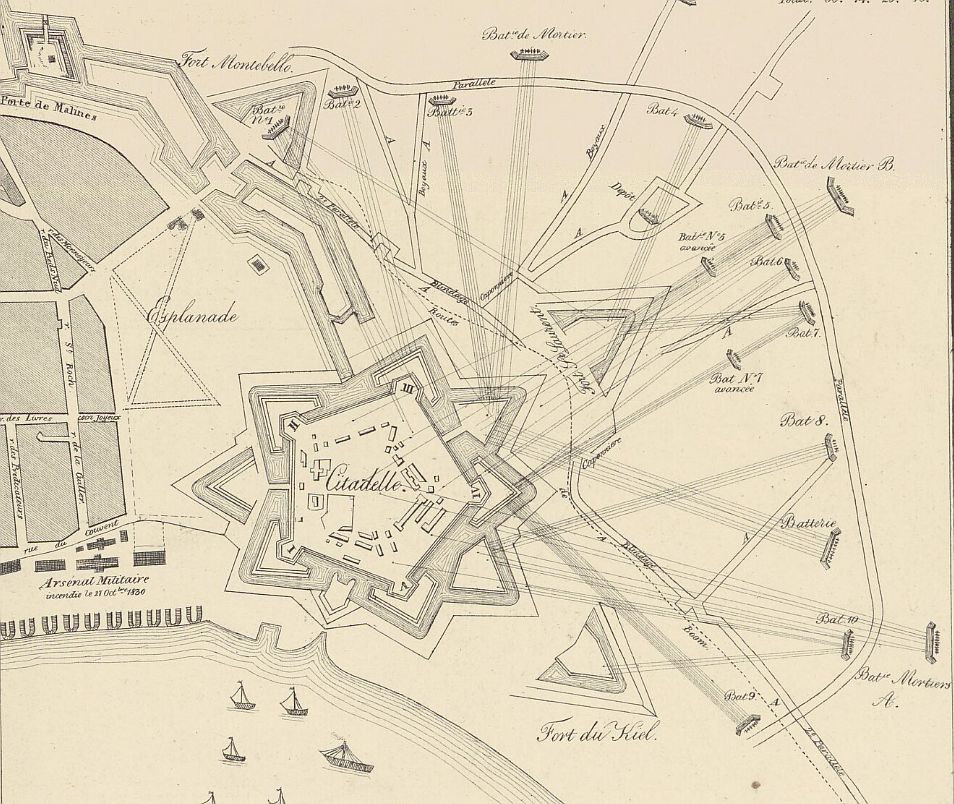 Plattegrond van de Citadel van Antwerpen met het bombardement tijdens de tiendaagse veldtocht in 1830. Linksboven titel, middenboven legende, rechtsboven gegevens over de (mortier)batterijen, middenonder verantwoording., 1830 