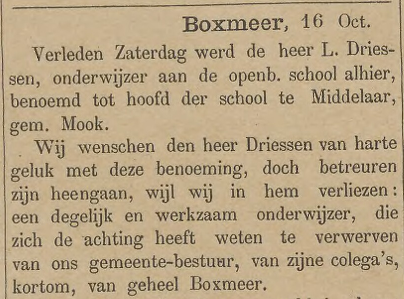 Vertrek van Lambertus Driessen uit Boxmeer naar Middelaar. Bron: Boxmeers Weekblad, 16 oktober 1896. 