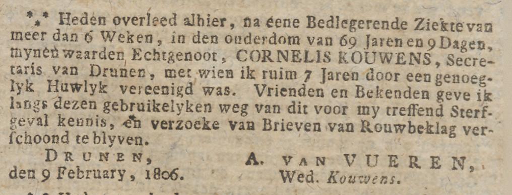 Rouwadvertentie voor Cornelis Kouwens (bron: Opregte Haarlemsche Courant van 13 februari 1806)