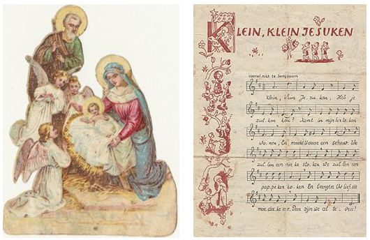 In de 3e Klas (1945) bij Mister Eggen, vouwden we van groen papier een Kerststalletje en kregen van hem dit poezieplaatje, dat we in de stal plakten, daarna zongen we het liedje.