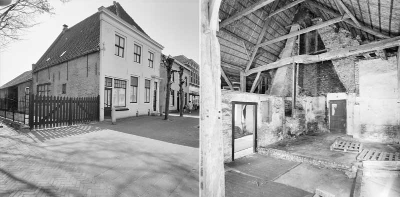 Links de lijstgevel, rechts een interieurfoto (foto's: P. van Galen, 1993. Bron: Rijksdienst voor het Cuitureel Erfgoed, fotonummer 302.966 en 302.973. CC BY-SA 3.0)