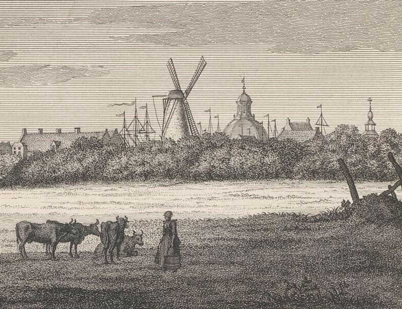 Galgenveld aan het einde van de havendijk te Middelburg, c. 1744. Detail gravure J.G. Philips (collectie Rijksmuseum via Wikimedia Commons.; publiek domein)