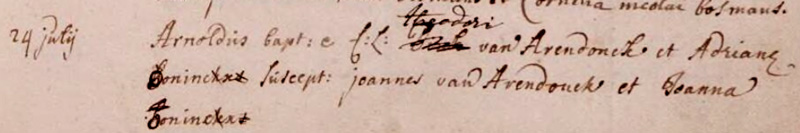 Inschrijving van de doop van Arnoldus van Arendonk op 24 juli 1754 in het doopboek van de RK kerk van Etten