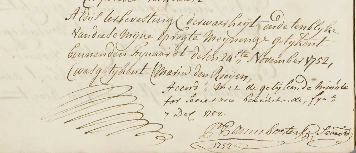 De krullerige ondertekening van de getuigenverklaring door secretaris Pieter Panneboeter (bron: West-Brabants Archief, toegang 0407 inv. nr. 74, scan 44))