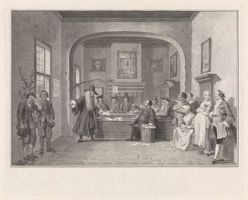 De boerenrechtbank te Puiterveen, Pieter Tanjé naar Cornelis Troost (bron: Rijksmuseum, RP-P-OB-65.168. Publiek domein)