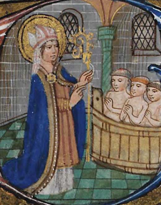 Sint Nicolaas in een middeleeuws boek, c. 1390 (bron: Wikimedia Commons. Publiek domein)