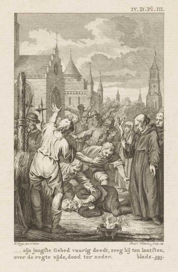 Angelus Merula sterft voor de brandstapel, 1557 (Reinier Vinkeles 1783. Bron: collectie Rijksmuseum RP-P-OB-78.854. Publiek domein)