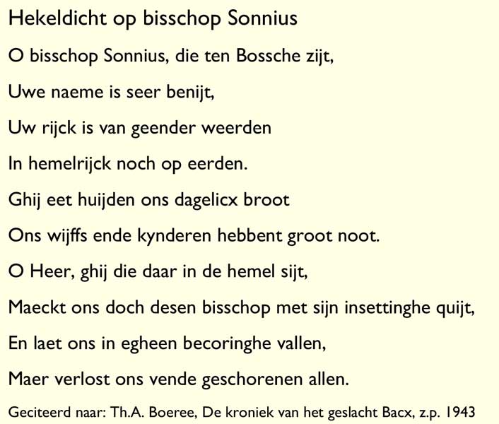 Hekeldicht op bisschop Sonnius (geciteerd naar: Th.A. Boeree, De kroniek van het geslacht Bacx, z.p. 1943)
