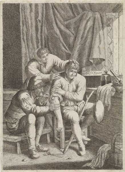 Chirurgijn brandt een wond uit (Justus van den Nijpoort, 17e eeuw. Bron: Rijksmuseum RP-P-OB-24.270. Publiek domein)