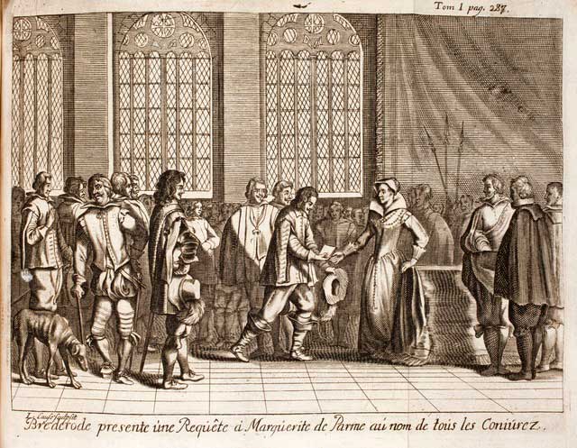 Aanbieding van het Smeekschrift der edelen aan landvoogdes Margaretha van Parma (Famien Strada, 1727. Bron: Wikimedia Commons, publiek domein)
