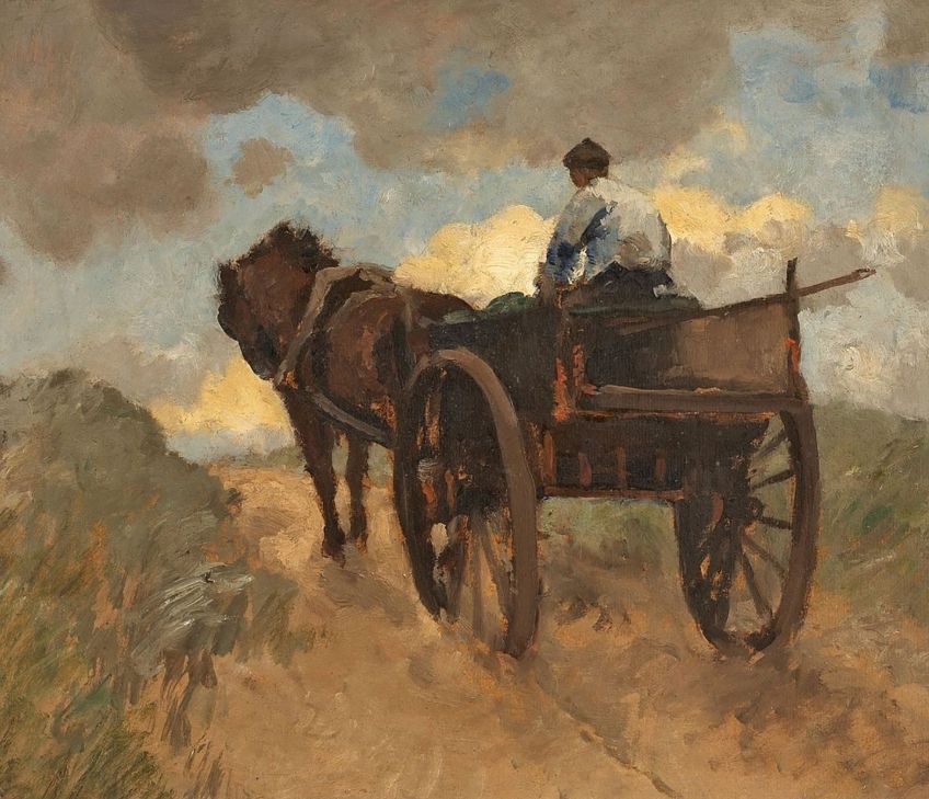 BIJSCHRIFT: Boer met paard en wagen, schilderij van German Grobe (1857-1938).