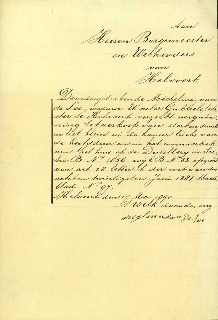 Weduwe Gubbels vraagt Drankwetvergunning aan, 1890 (BHIC, toegang 5148, inv. nr. 1461, scan 36)