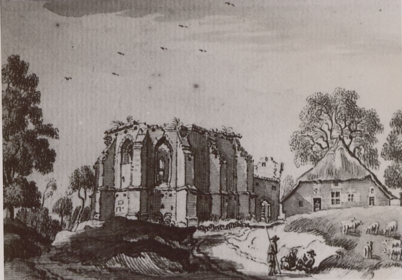 Tekening van de ruïne van de kapel van Onze Lieve Vrouwe Ten Hove, naar Jan de Beijer, 1746. 
