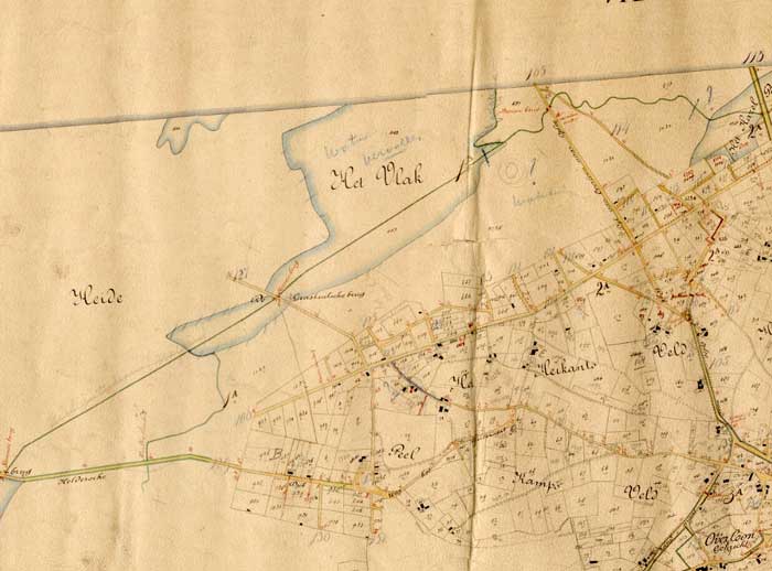 Het Overloonse Vlak op de kaart van de wegenlegger van 1879, met daarop de aantekening "Water vervallen" (coll. BHIC)
