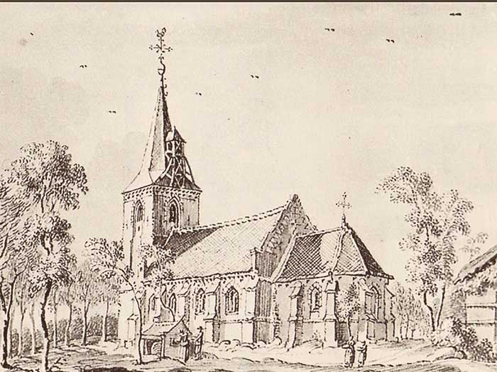 De H.H. Hubertus en Barbarakerk te Sint Hubert, door Jan de Beijer (1703-1780) getekend.