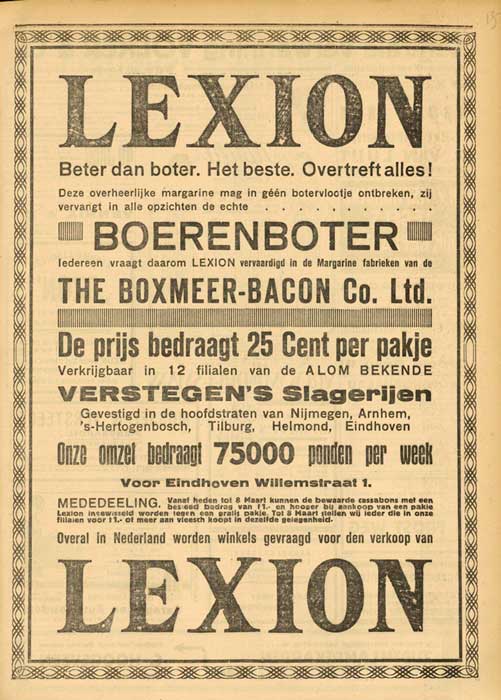 Advertentie voor de in Boxmeer gemaakte margarine 'Lexion'