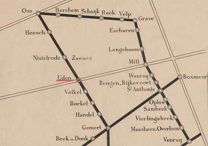 Detail van een affiche uit 1917 waarop de lijnen en de haltes van de geplande buurtspoorweg staan vermeld