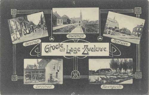  Ansichtkaart met vijf dorpsgezichten en de tekst: Groete (sic) uit Lage Zwaluwe. 1908 (89639, RAT)
